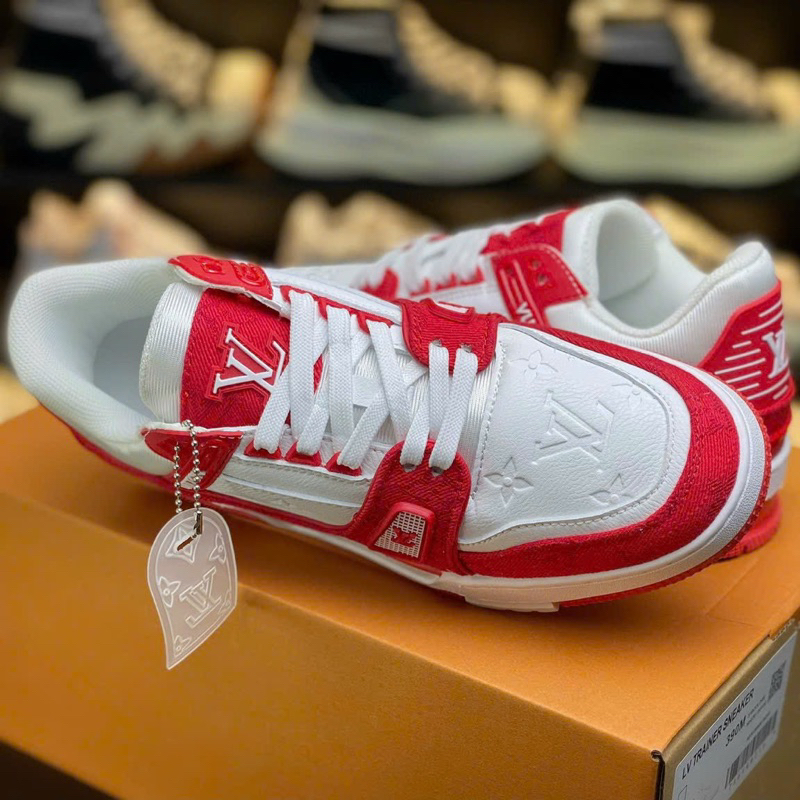 GIÀY LV TRAINER SNEAKER RED WHITE LAI AU - LV ĐỎ TRẮNG DA THẬT