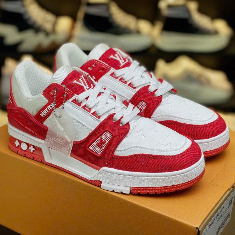 GIÀY LV TRAINER SNEAKER RED WHITE LAI AU - LV ĐỎ TRẮNG DA THẬT