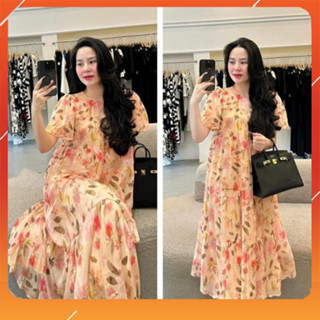 váy bầu dự tiệc - Đầm bầu công sở hoa chất đũi hàn freesize tới 70kg