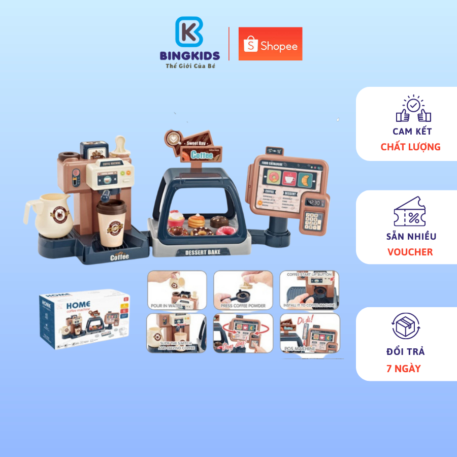 Đồ chơi nhập vai cho bé máy pha cafe, quầy bánh ngọt kèm máy tính tiền có nhạc và đèn kèm hiệu ứng