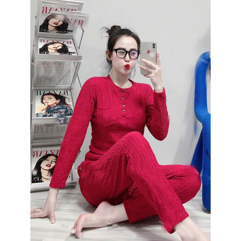 [8.8 Sales Freeship] Set bộ thun xốp tay dài cổ trụ đính nút mix quần ôm dài, set bộ ủ kem cổ tròn có túi quần dài mtb