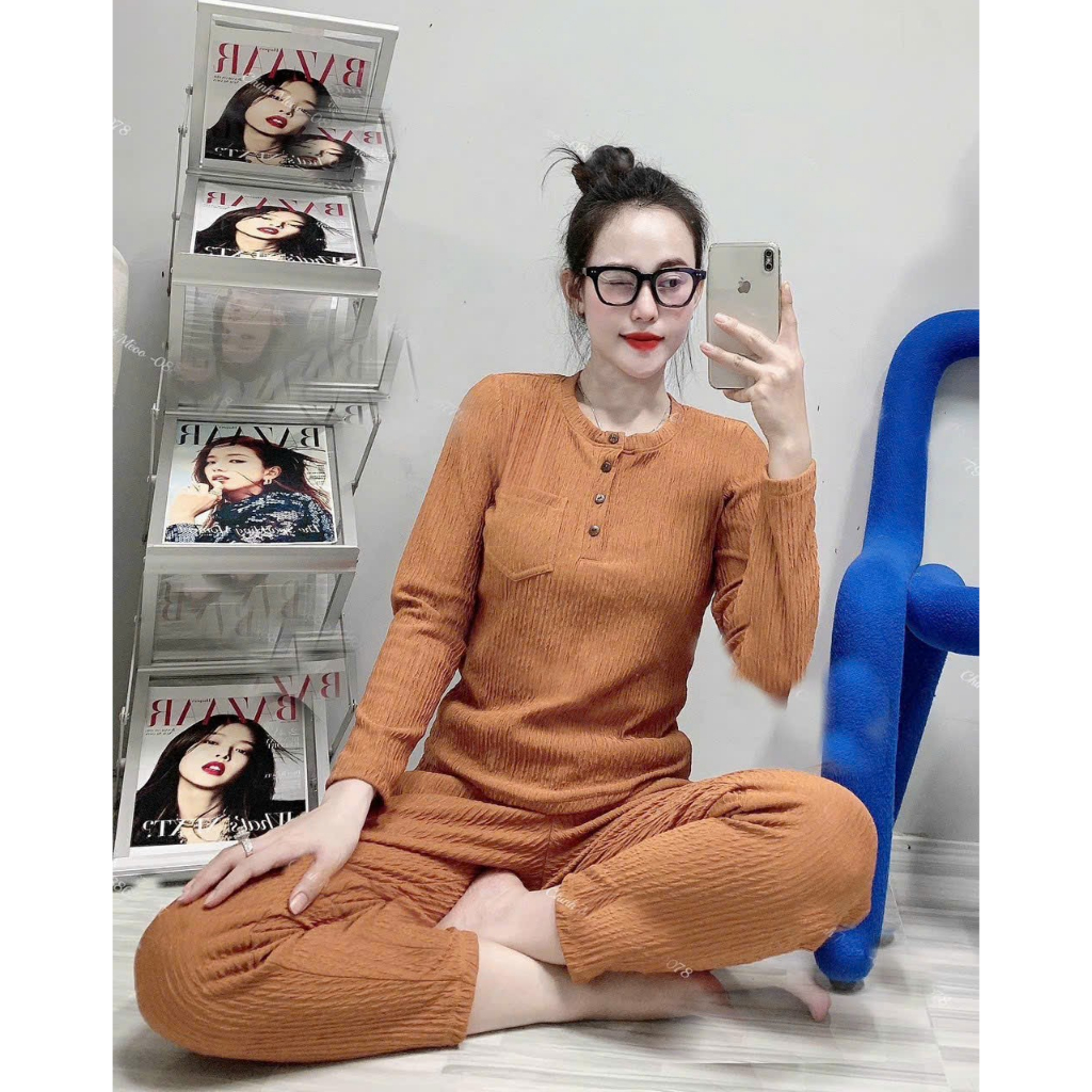 [8.8 Sales Freeship] Set bộ thun xốp tay dài cổ trụ đính nút mix quần ôm dài, set bộ ủ kem cổ tròn có túi quần dài mtb