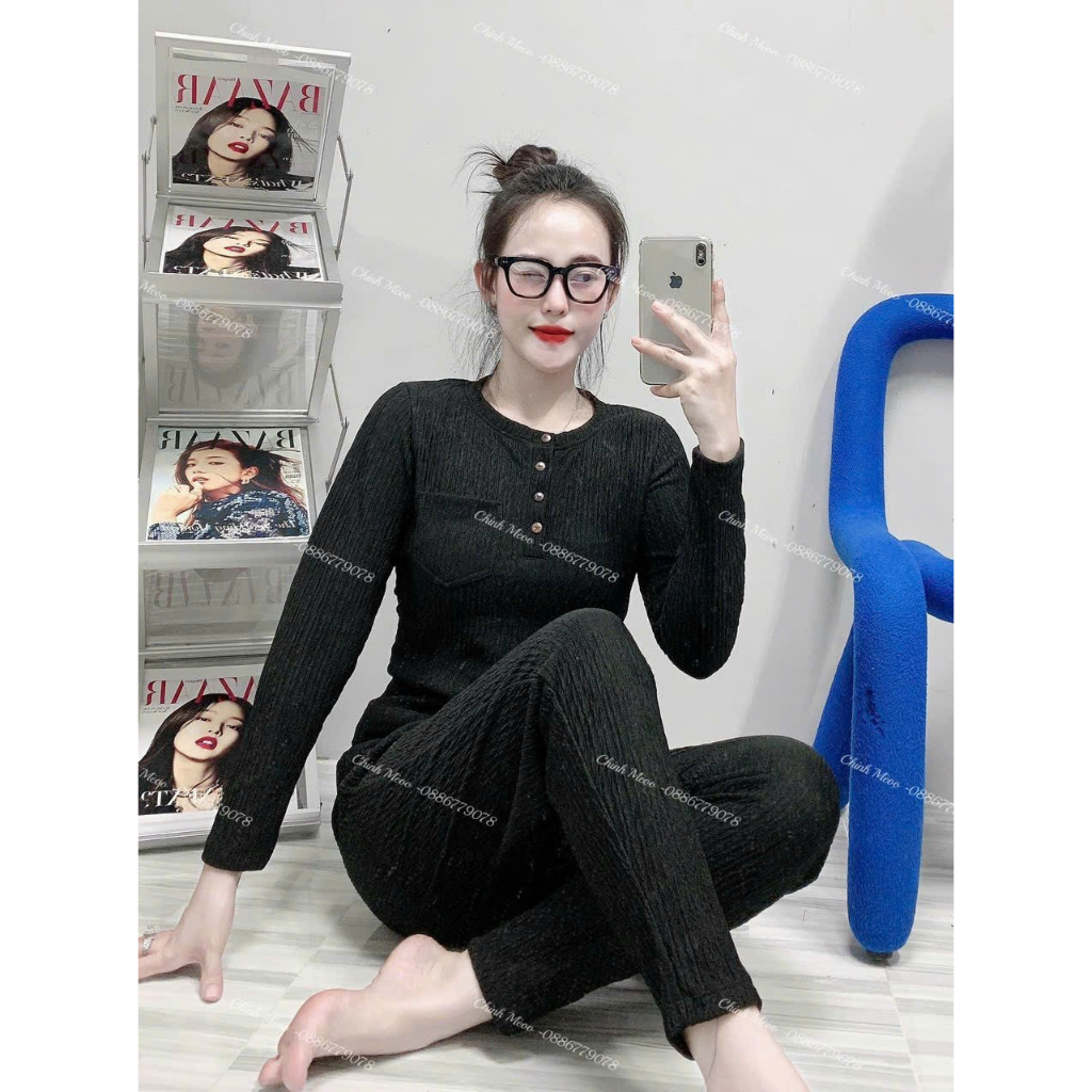 [8.8 Sales Freeship] Set bộ thun xốp tay dài cổ trụ đính nút mix quần ôm dài, set bộ ủ kem cổ tròn có túi quần dài mtb