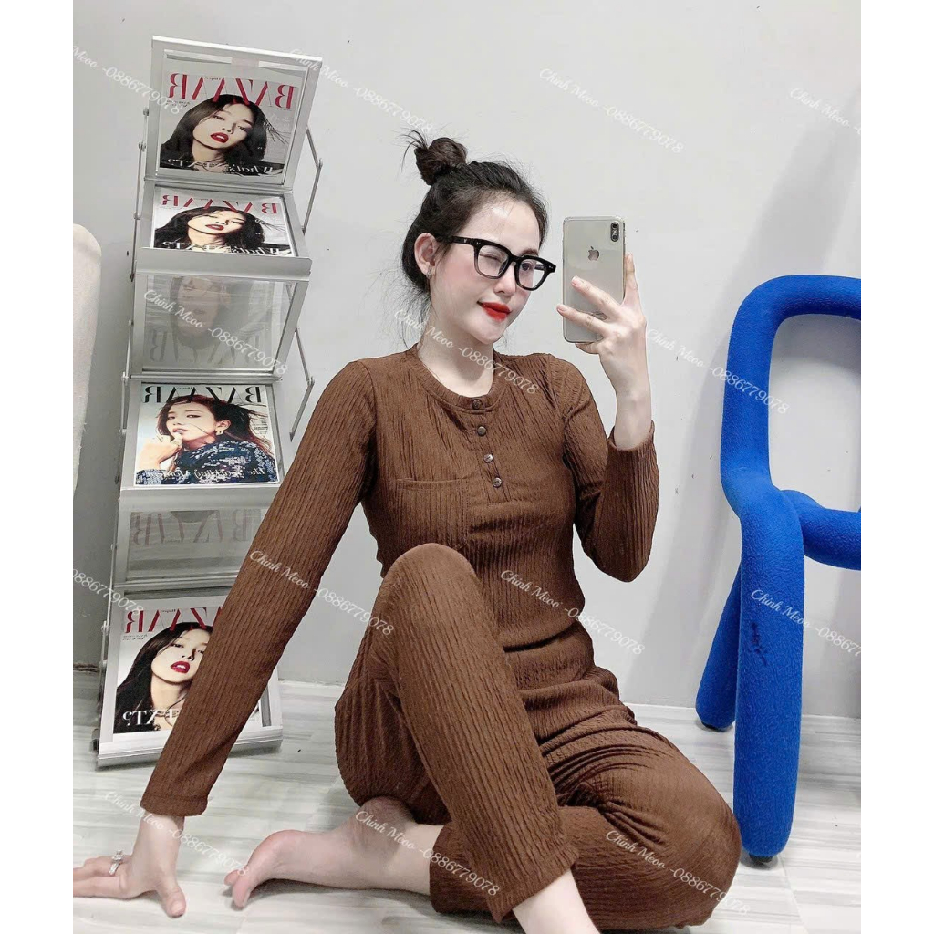 [8.8 Sales Freeship] Set bộ thun xốp tay dài cổ trụ đính nút mix quần ôm dài, set bộ ủ kem cổ tròn có túi quần dài mtb