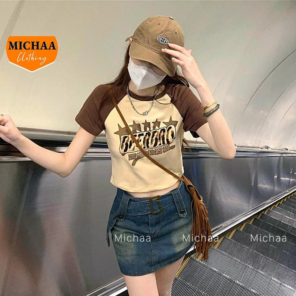 Áo Croptop Nữ Cổ Tròn Tay Ngắn BEER BRO Đẹp Ôm Body, Áo Thun Croptop Kiểu Sexy Chất Thun Borip - MICHAA CR60