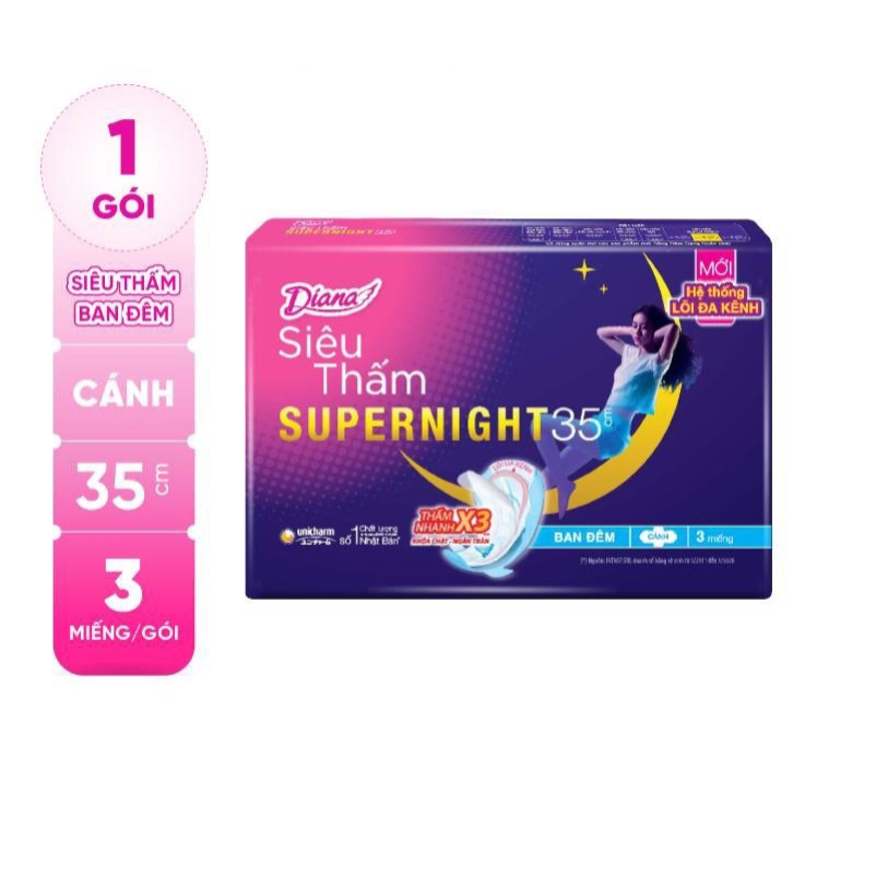 Lốc 6 gói băng vệ sinh Diana Super Night ban đêm 35cm 3 miếng/gói Mặt lưới