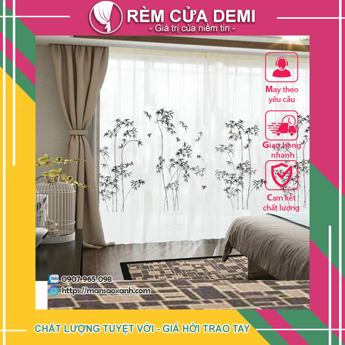 Rèm Voan Lụa in Họa Tiết Cây Tre Sang Trọng Shop DEMI - Ghi chú: chiều cao may tối đa được 3m