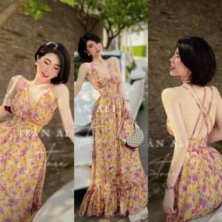Maxi hoa rơi vàng lưng hở phối dây chéo 270322