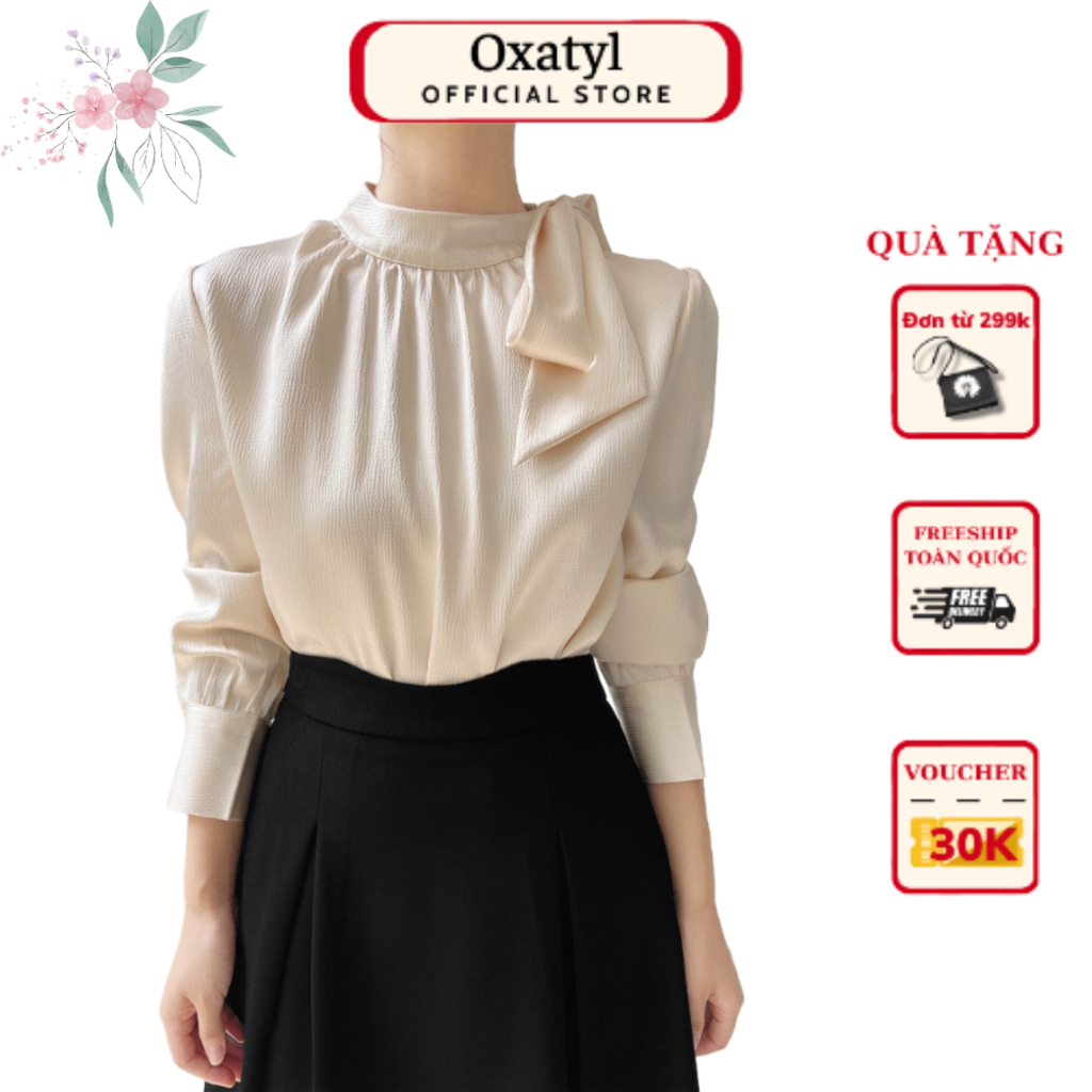 Áo sơ mi lụa tay dài cổ tròn thắt nơ Oxatyl A433 thời trang công sở thu đông