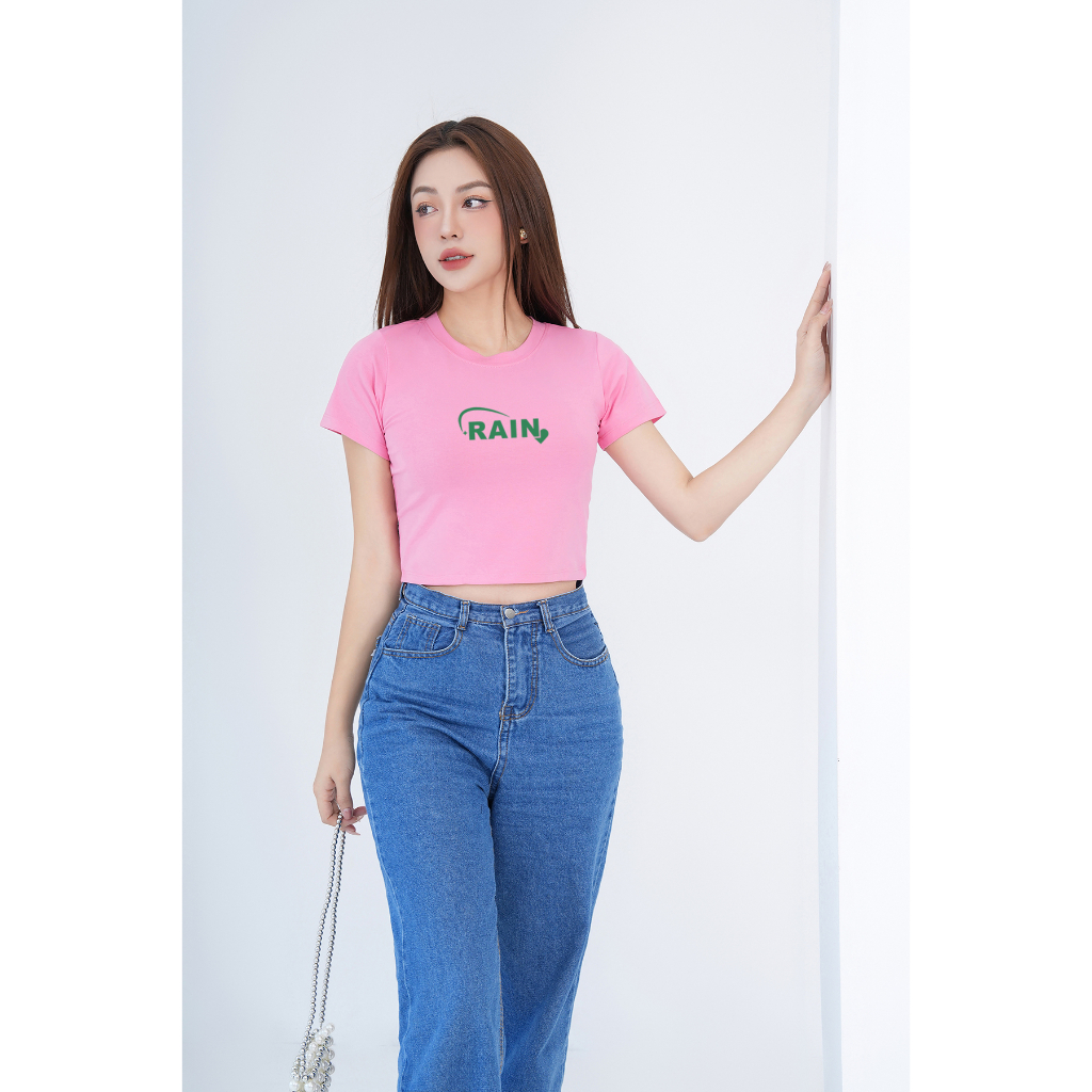 Áo croptop ôm in chữ Rain - Áo croptop kiểu chất cotton Loza CR6225