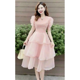 Đầm xòe dự tiệc xếp tầng tay phối bèo gắn phụ kiện