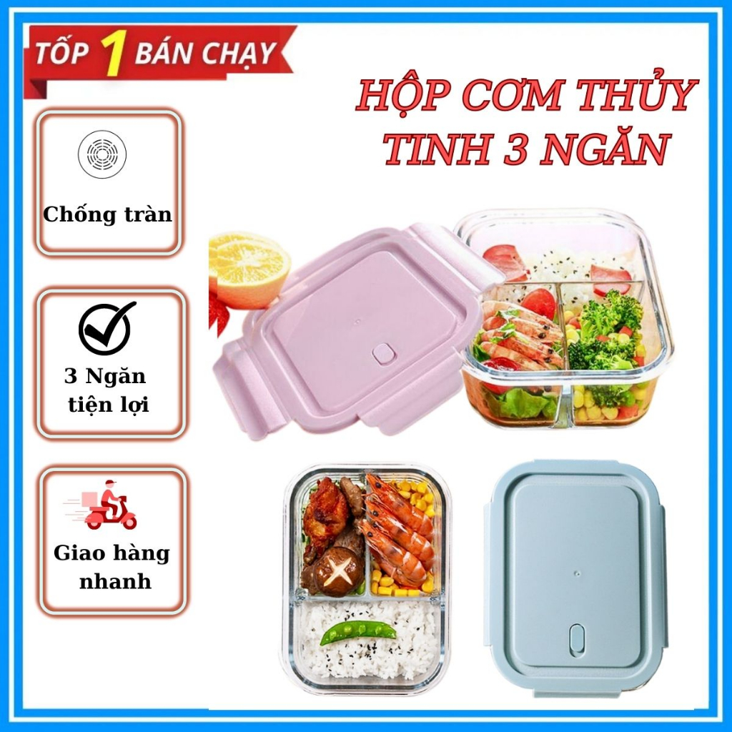 Hộp cơm văn phòng thủy tinh 3 ngăn, Hộp cơm văn thủy tinh tiện lợi, Hộp cơm thủy tinh văn phòng 3 ng