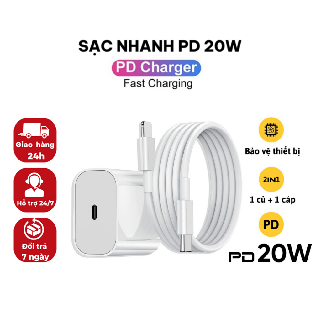 Bộ Sạc Nhanh 20W (Củ PD 20W+Cáp Type-C) Cho Điện Thoại IP