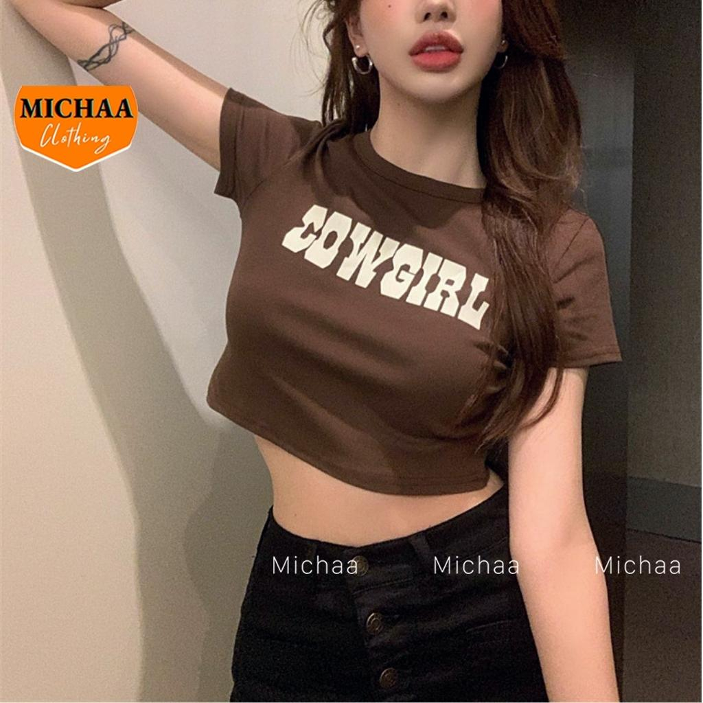 Áo Croptop Ôm Body Nữ COWGIRL Cổ Tròn Tay Ngắn, Áo Thun Kiểu In Họa Tiết MICHAA CR81