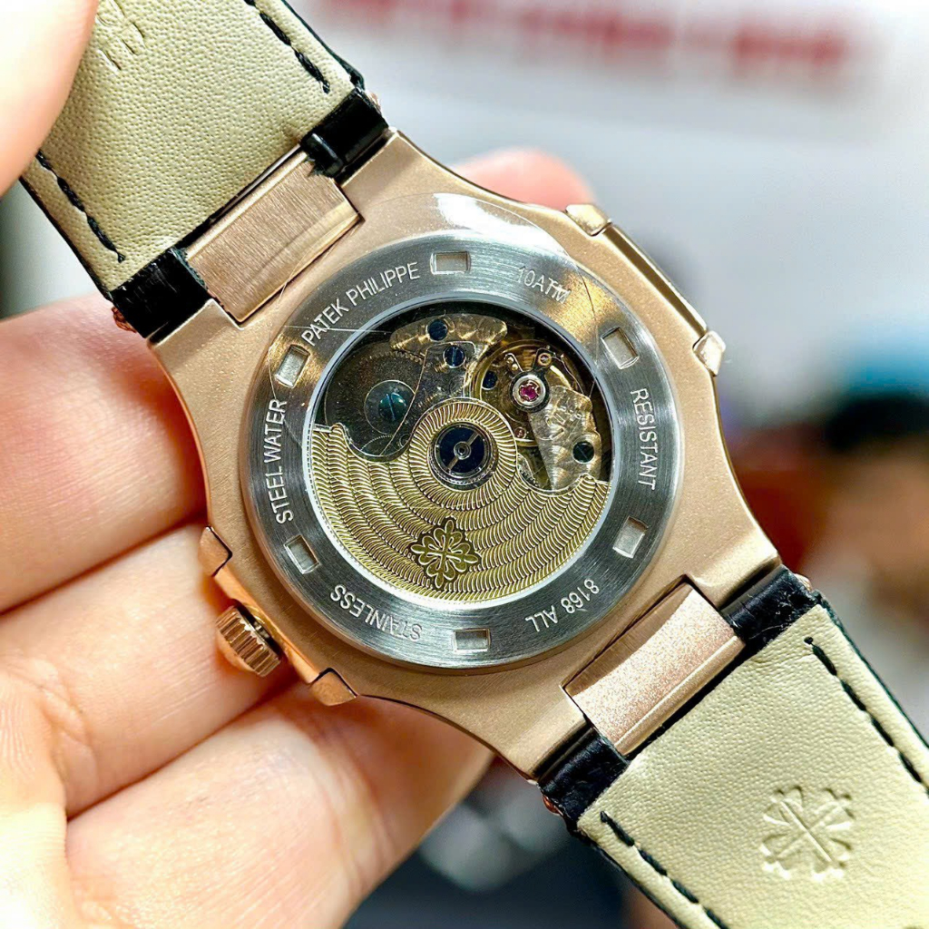 Đồng hồ Nam PT vuông vành đá vuông mặt đen 5kim máy nhật dòng cơ Automatic -40mm dây da vỏ vàng hồng