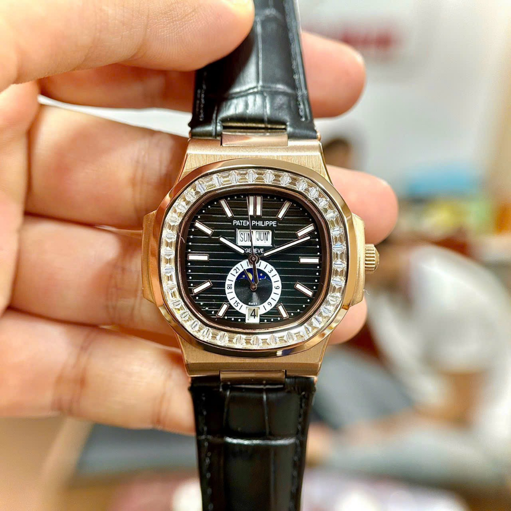 Đồng hồ Nam PT vuông vành đá vuông mặt đen 5kim máy nhật dòng cơ Automatic -40mm dây da vỏ vàng hồng