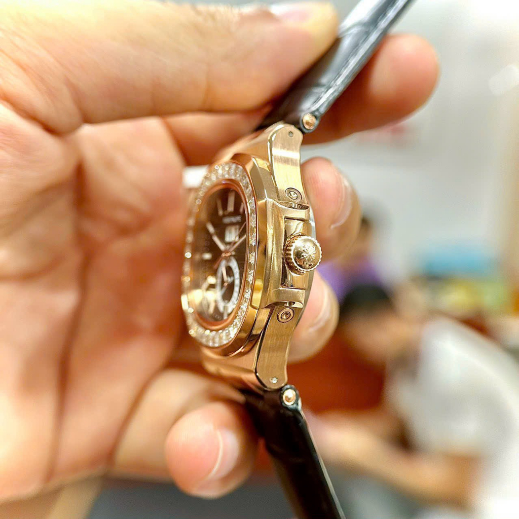 Đồng hồ Nam PT vuông vành đá vuông mặt đen 5kim máy nhật dòng cơ Automatic -40mm dây da vỏ vàng hồng