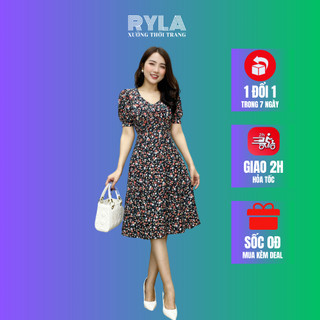 Đầm cổ V hoa nhí tay phồng dáng xòe có size bigsize RYLA R149