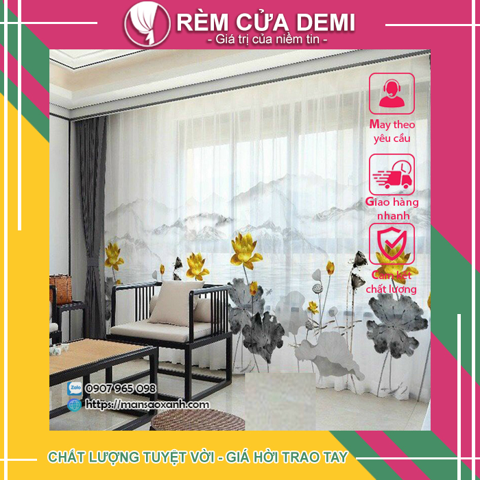 Rèm cửa sổ, cửa phòng - Rèm Spa VOAN IN HOA SEN VÀNG - Ghi chú: chiều cao may tối đa được 3m
