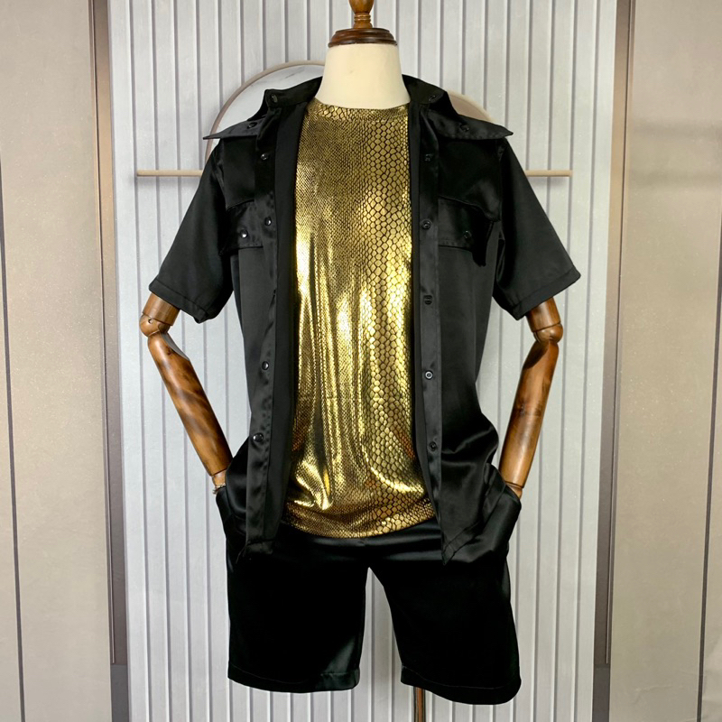 Áo thun cổ tròn nam tay ngắn hoạ tiết da rắn vàng Gold