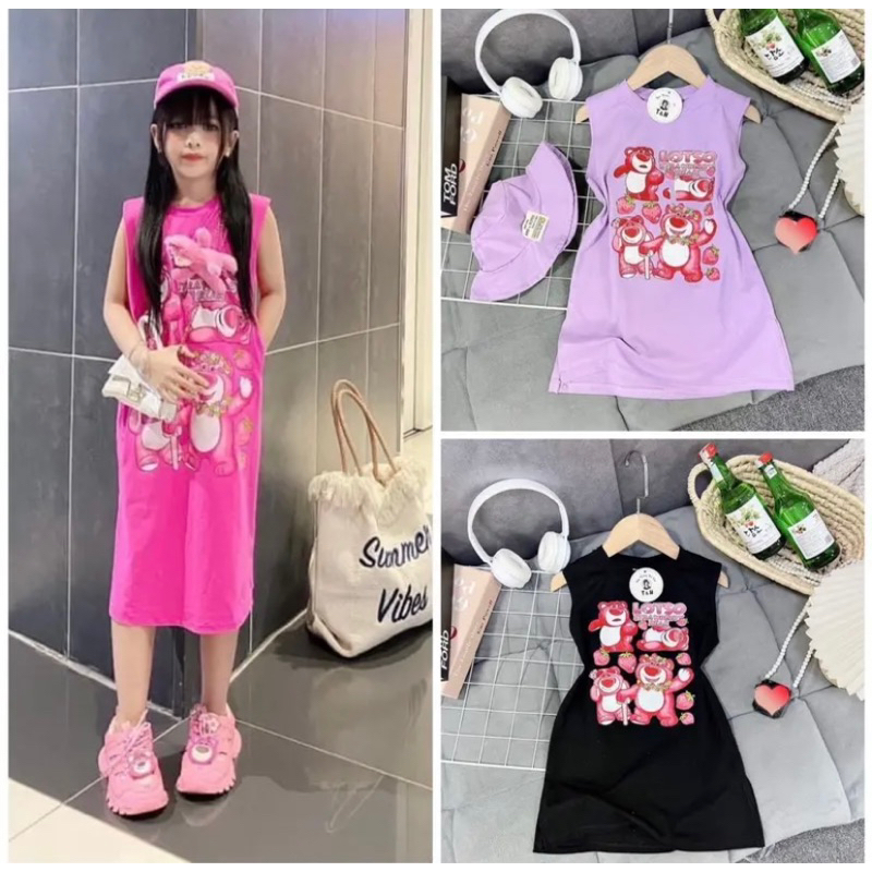 Váy cotton họa tiết gấu dâu 3 màu xinh cho bé gái