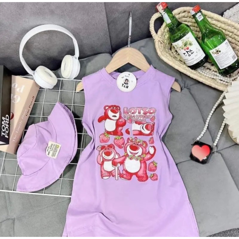 Váy cotton họa tiết gấu dâu 3 màu xinh cho bé gái