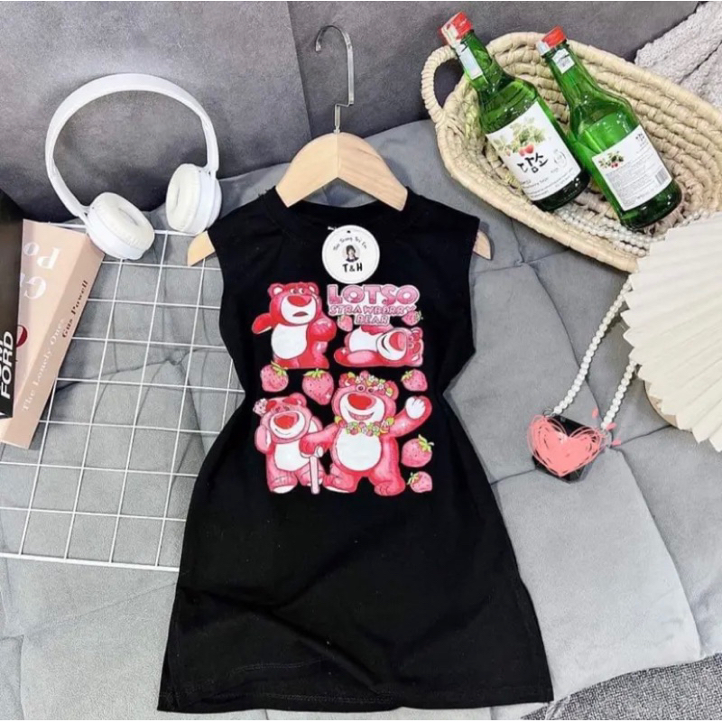 Váy cotton họa tiết gấu dâu 3 màu xinh cho bé gái