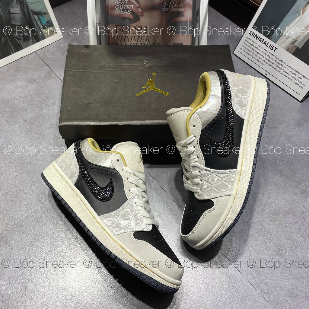 Giày thể thao Jordan 1 Low Beaded swoosh, Giày JD1 vạch đính đá