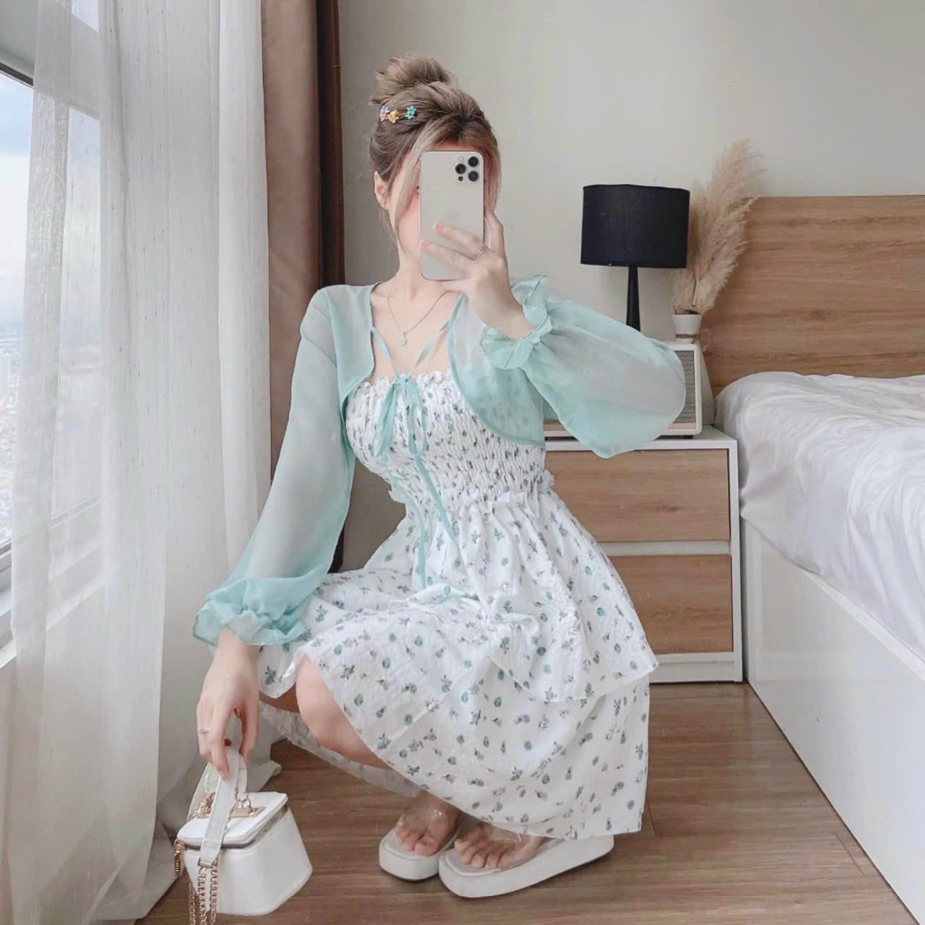 [8.8 Sales Freeship] Đầm hoa xanh 2 dây nhún ngực dáng xòe kèm áo khoác ngoài tay dài voan tơ đi biển quyến rũ