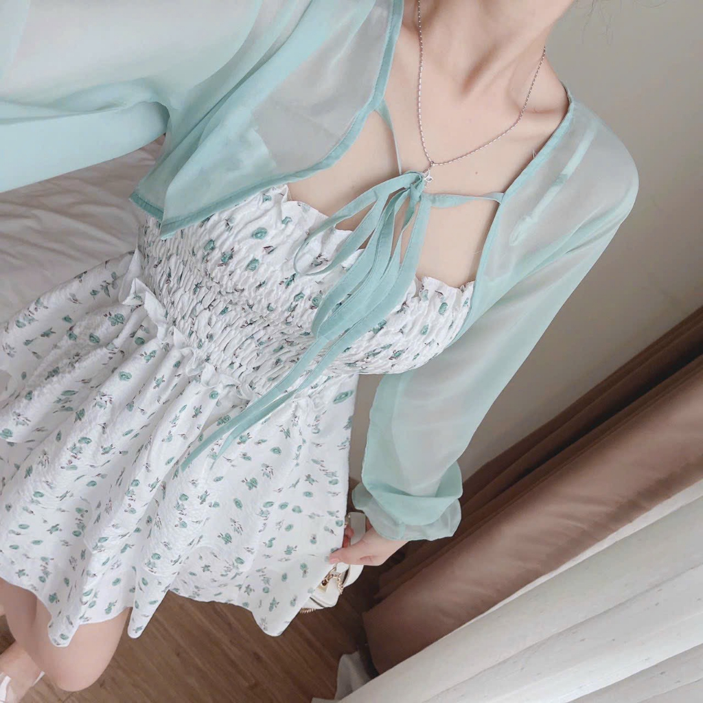 [8.8 Sales Freeship] Đầm hoa xanh 2 dây nhún ngực dáng xòe kèm áo khoác ngoài tay dài voan tơ đi biển quyến rũ