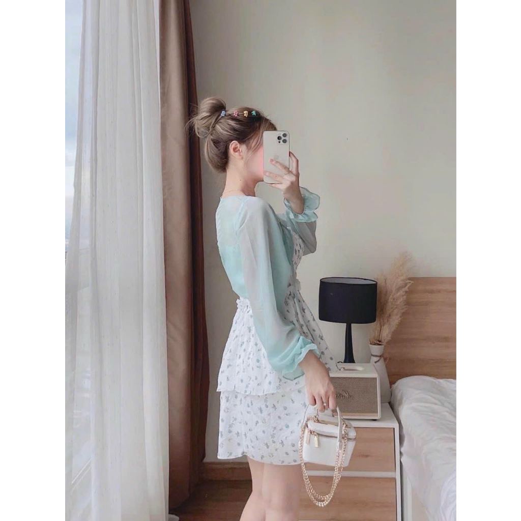 [8.8 Sales Freeship] Đầm hoa xanh 2 dây nhún ngực dáng xòe kèm áo khoác ngoài tay dài voan tơ đi biển quyến rũ