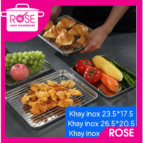 Khay Nướng Inox Kèm Vỉ Hấp dùng để nướng bánh , thực phẩm chất liệu inox 304 dày dặn hình chữ nhật TIỆN DỤNG