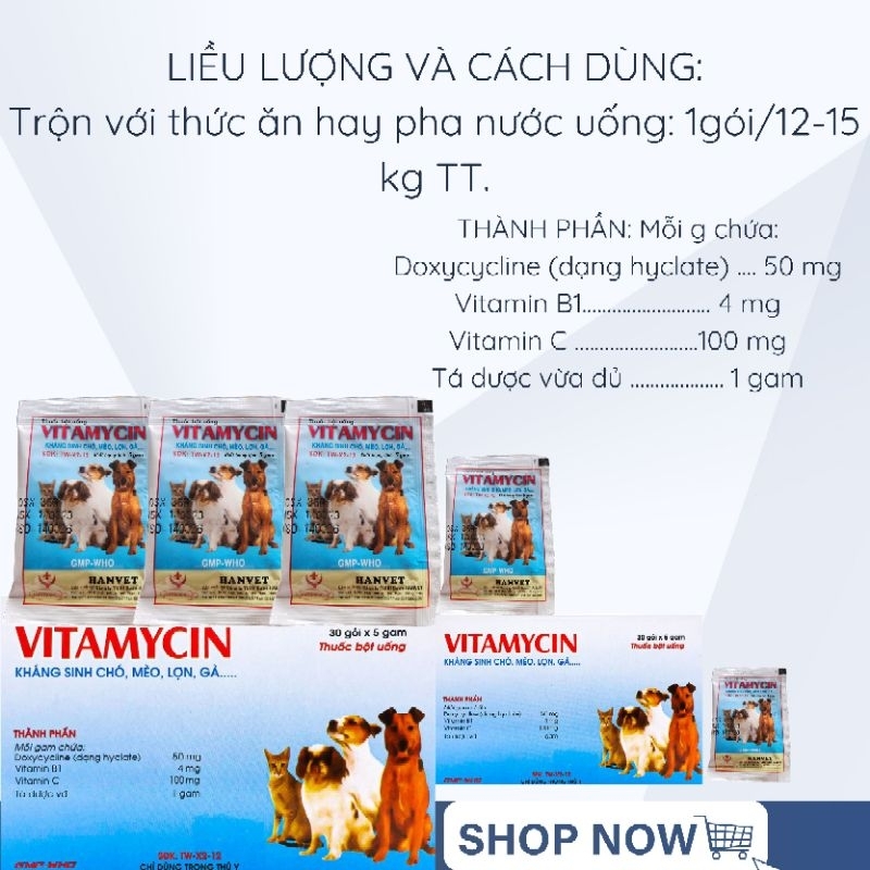 Hỗ trợ tiêu chảy nôn mửa ở chó mèo VITAMYCIN 5G