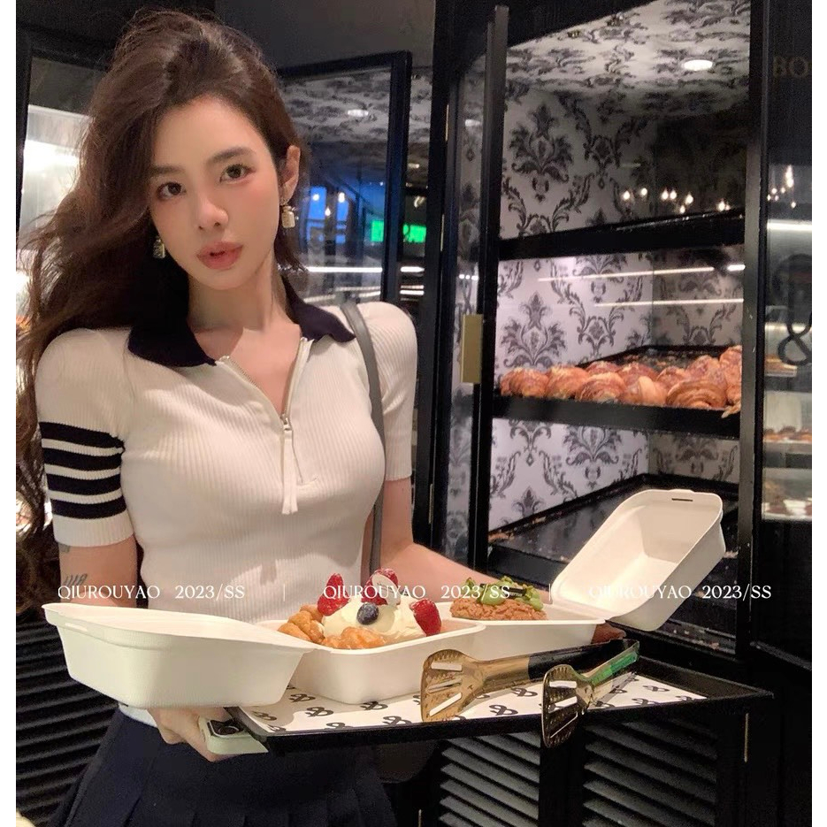 Áo len nữ cổ bẻ chữ V kéo khóa màu trắng kẻ phối ngắn tay chất co giãn tôn dáng hàng Quảng Châu (TC141)
