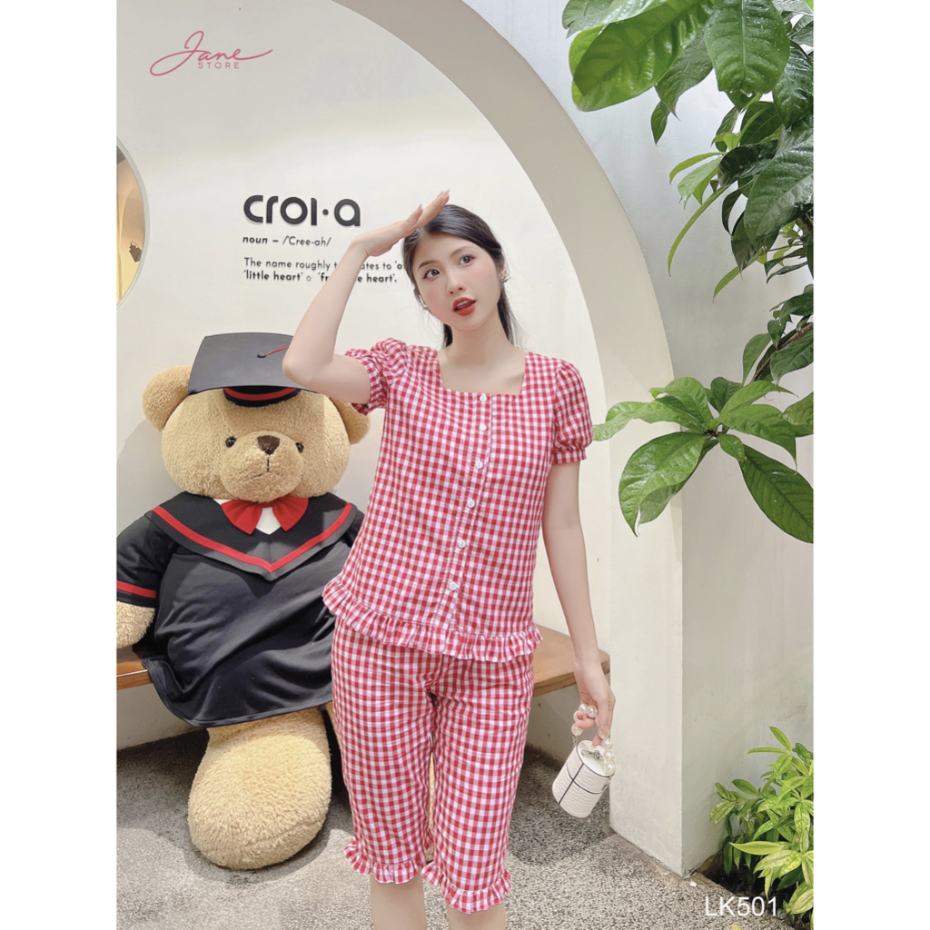 Set Đồ Lửng Kẻ Cổ Vuông Chất Đẹp, Set Đồ Mặc Nhà Chuẩn Phom Tôn Dáng Jane LK50