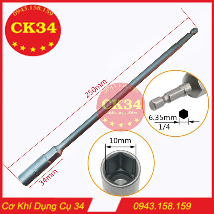 Chụp bulong sâu lòng 8,10mm cho máy khoan, máy bắn vít dài 250mm