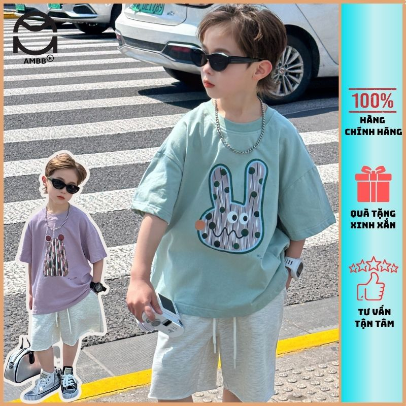 Áo phông cho bé trai Ambb.kids, áo thun cotton với 2 màu xinh xắn, co giãn tốt giúp bé thoải mái vui chơi vận động