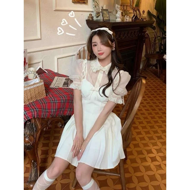 Set đầm 2 dây áo sơ mi trắng chocco