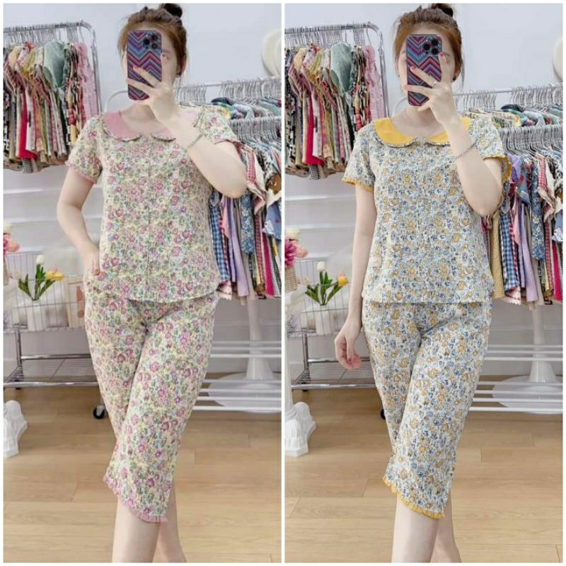 Bunnysky - Đồ bộ mặc nhà nữ, bộ lửng cổ sen phối khuy cài mặc hè đẹp hết nấc