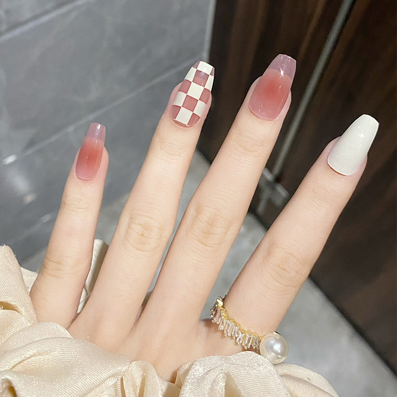 Móng Tay Giả Form Dài Chinaa Nii Họa Tiết MàuTrắng Sữa Kẻ Caro Phụ Kiện Làm Nail