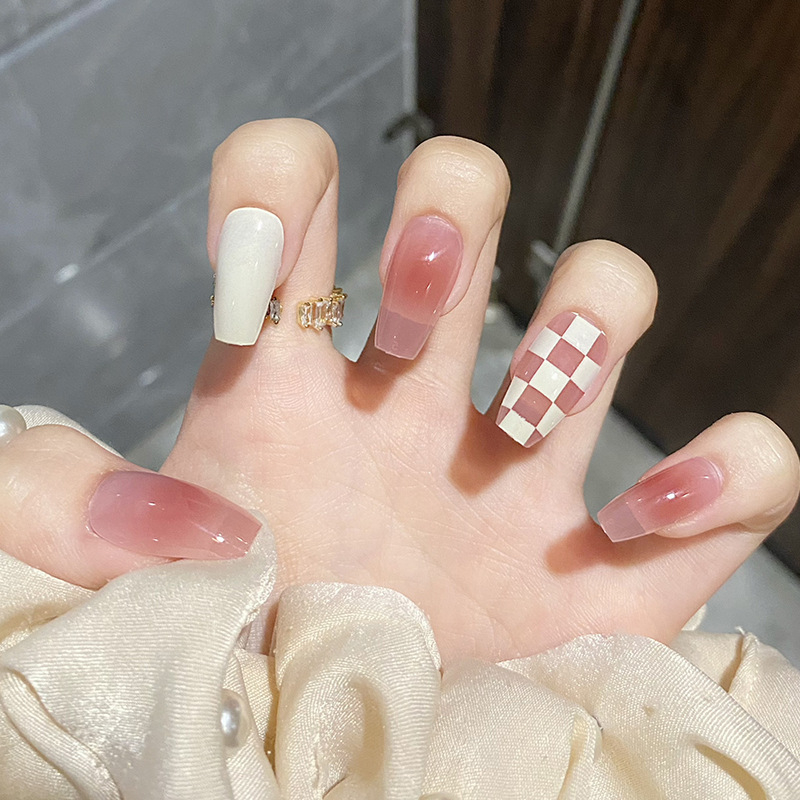 Móng Tay Giả Form Dài Chinaa Nii Họa Tiết MàuTrắng Sữa Kẻ Caro Phụ Kiện Làm Nail