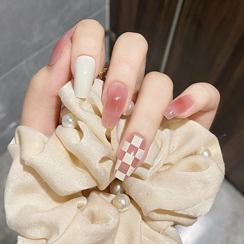 Móng Tay Giả Form Dài Chinaa Nii Họa Tiết MàuTrắng Sữa Kẻ Caro Phụ Kiện Làm Nail