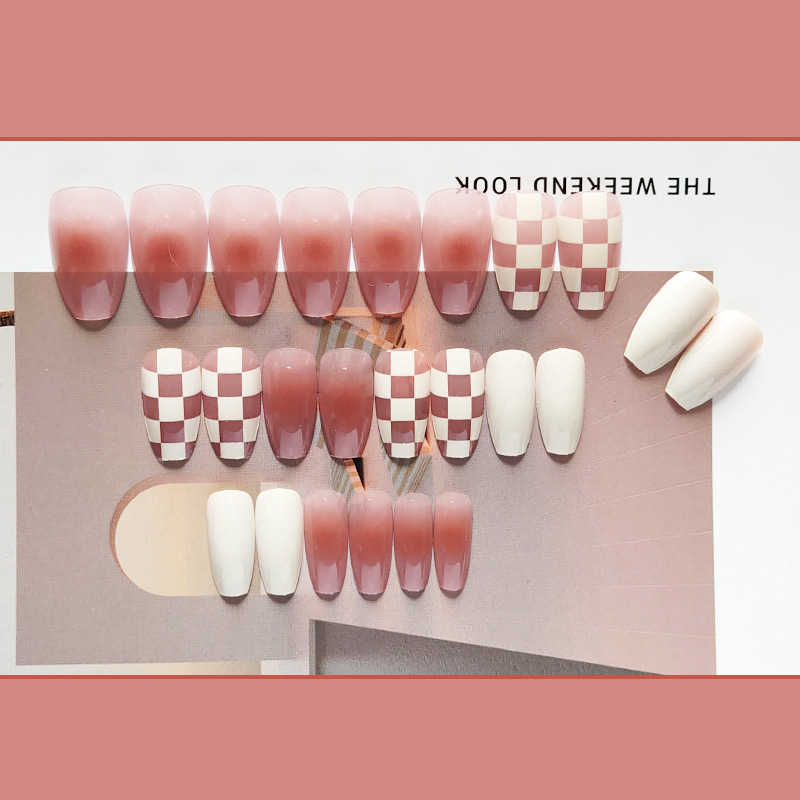 Móng Tay Giả Form Dài Chinaa Nii Họa Tiết MàuTrắng Sữa Kẻ Caro Phụ Kiện Làm Nail