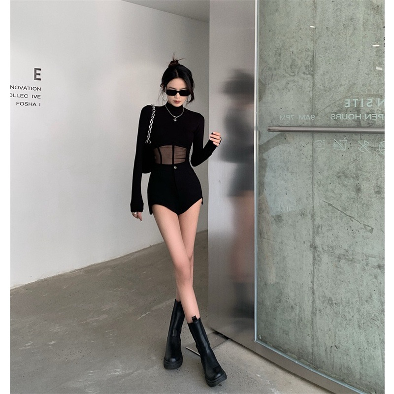 Áo Thun Dài Tay Phối Lưới Phong Cách Quyến Rũ Thanh Lịch Dành Cho Nữ Thời Trang