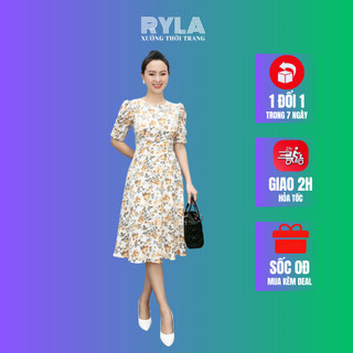 Đầm hoa nhí cổ tròn tay phồng dáng xòe dây thắt nơ eo có size bigsize RYLA R168