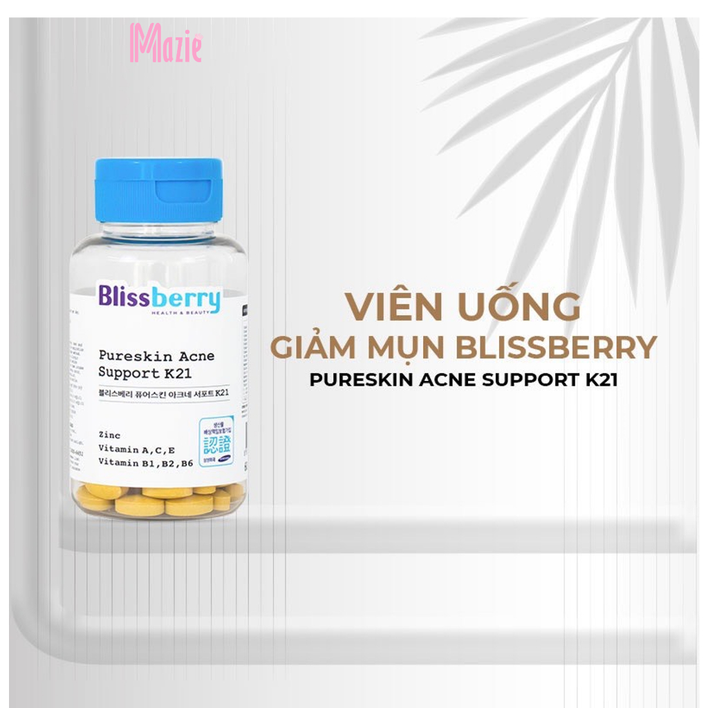 Viên uống Kẽm giảm mụn Blissberry Pureskin Acne Support K21 60 viên