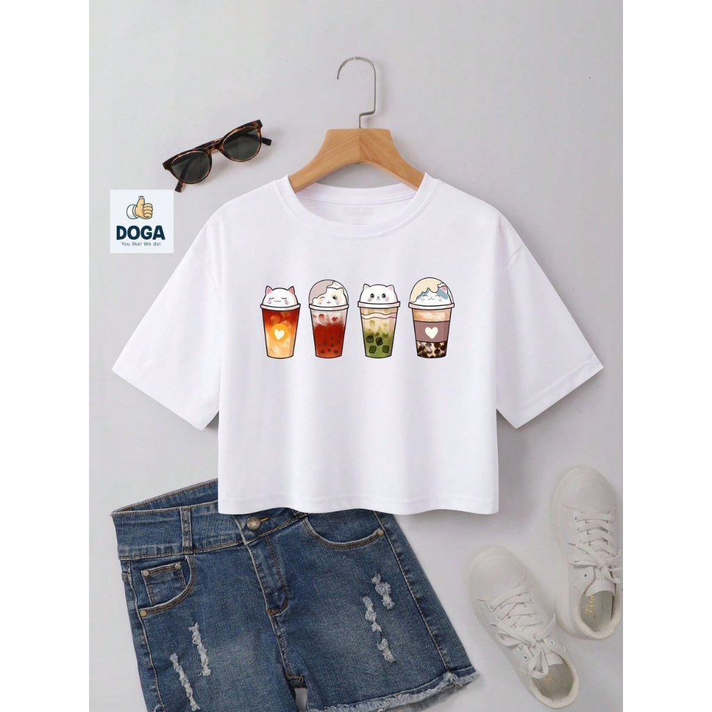 Áo  thun from suông Croptop 3 màu  họa tiết ly trà sữa đáng yêu M154