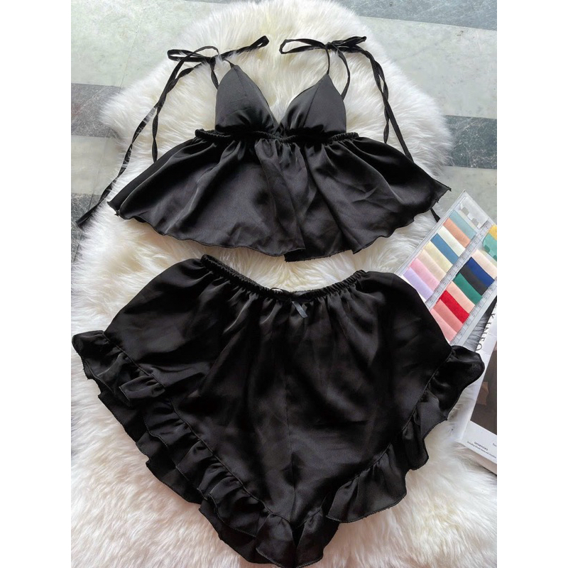 Set Bộ Satin Áo Dây Thắt Vai Cúp Mút V Dáng Xoè + Quần Short Đùi Viền Bèo