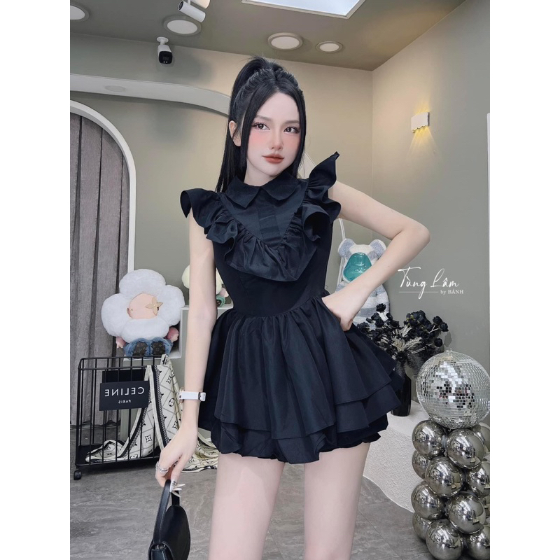 Đầm tiểu thư bèo cổ chất liệu thô mềm xiu xinh