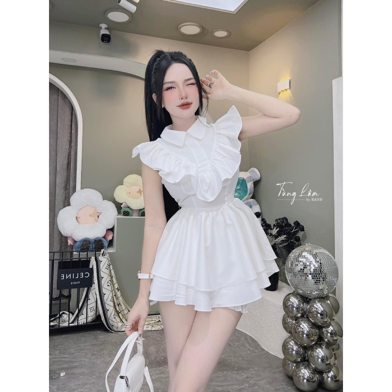 Đầm tiểu thư bèo cổ chất liệu thô mềm xiu xinh